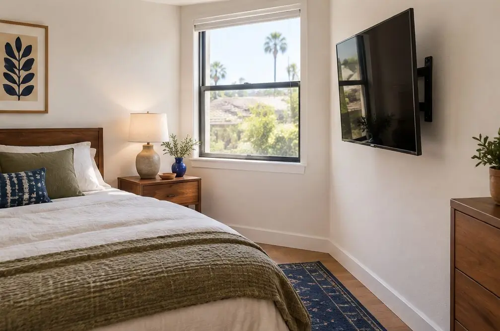 Illustration: a TV on a tilting mount facing a bed with a linen duvet in a small Santa Ana bedroom with a window and a nightstand