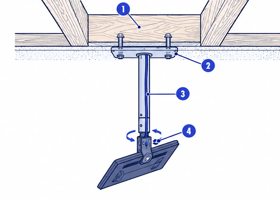 Diagram: side section of a ceiling TV mount on a drop pole fixed to a joist