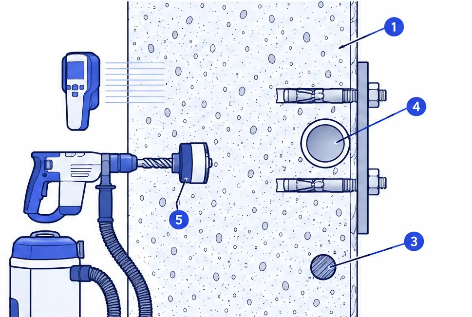 Diagram: side section of a poured concrete wall with a plate held by wedge anchors, a conduit and a rebar shown inside the concrete, a scanner on the surface and a drill with a dust shroud