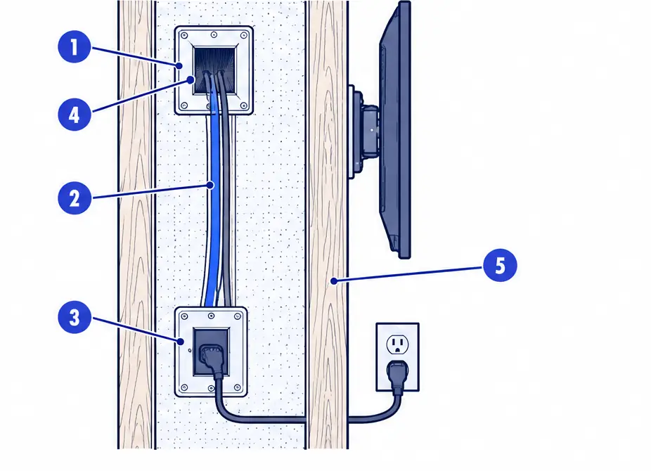 Diagram: side section of a drywall cavity between two studs with an upper recessed box behind a wall-mounted TV, rated in-wall cable, a lower inlet box and signal cables passing through