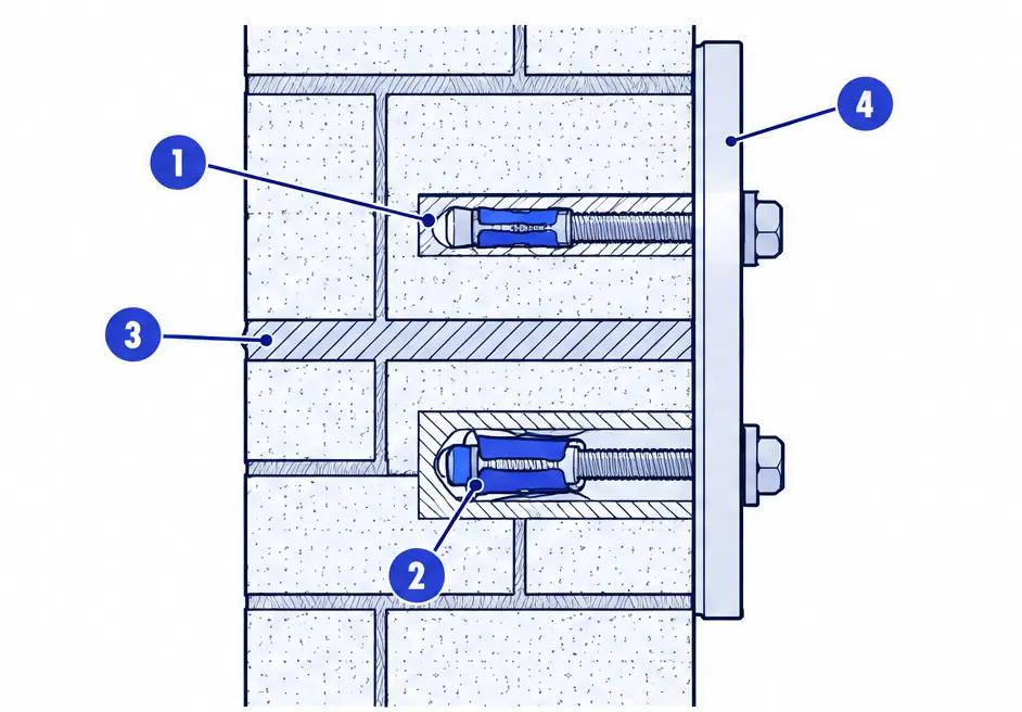 Diagram: side section of a brick wall with a plate held by sleeve anchors set in the body of the brick, one cut away to show the expanded sleeve
