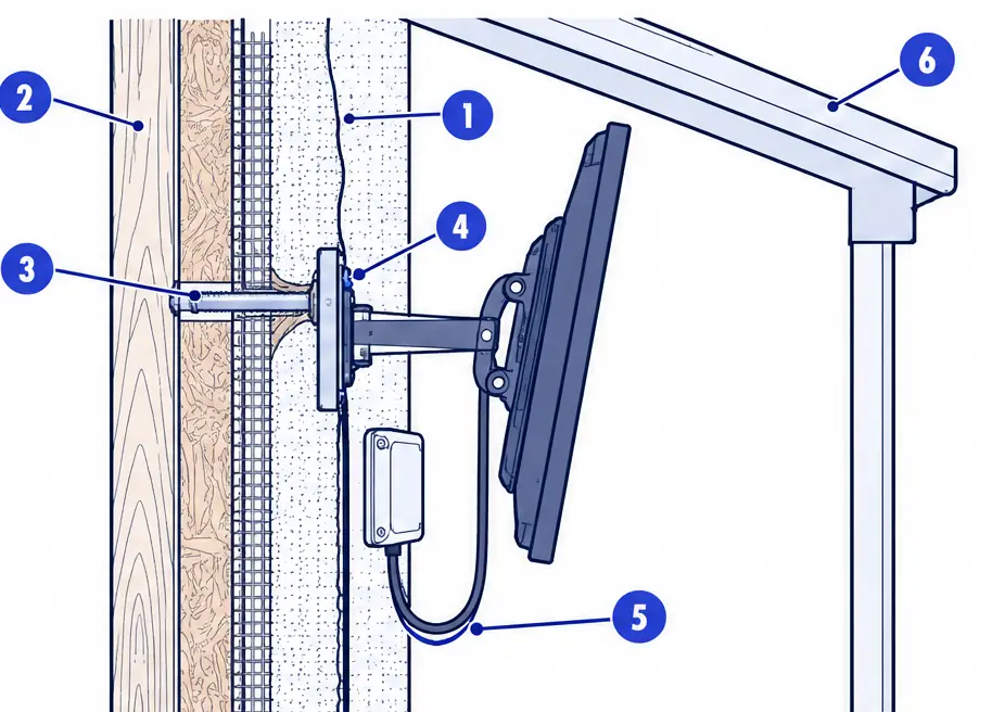 Diagram: side section of a stucco patio wall with a stainless lag bolt through the stucco into a stud, a sealant bead, a TV on a tilting bracket under a patio roof and a drip loop in the cable