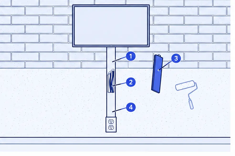 Diagram: front view of a brick wall with a TV, a slim paintable raceway running straight down from behind the TV to an outlet, a cutaway showing cables inside and a lifted cover
