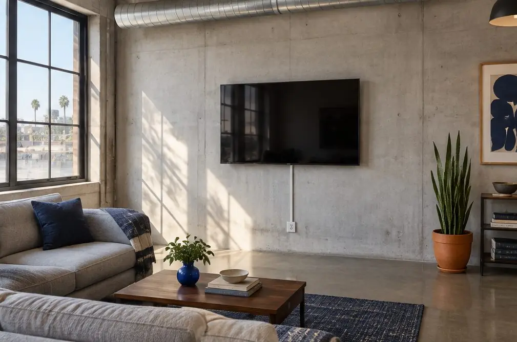 Illustration: a TV on a pale concrete feature wall in a downtown Santa Ana loft with a steel-framed window, an exposed duct overhead and a gray sectional