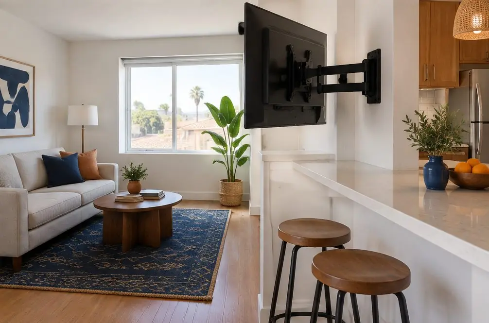 Illustration: a TV on a full-motion arm turned toward a small kitchen counter in a Santa Ana apartment with a sofa behind