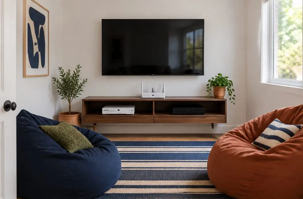Illustration: a TV on a fixed wall mount in a game room with a low shelf of consoles, two bean-bag chairs and a rug