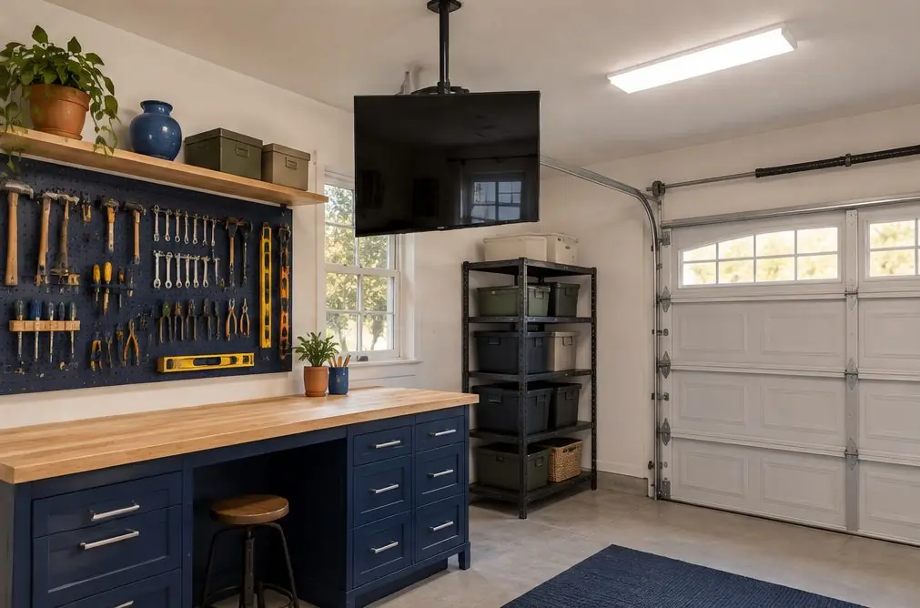 Illustration: a TV on a ceiling drop mount in a tidy garage workshop with a pegboard, a workbench and a roll-up door