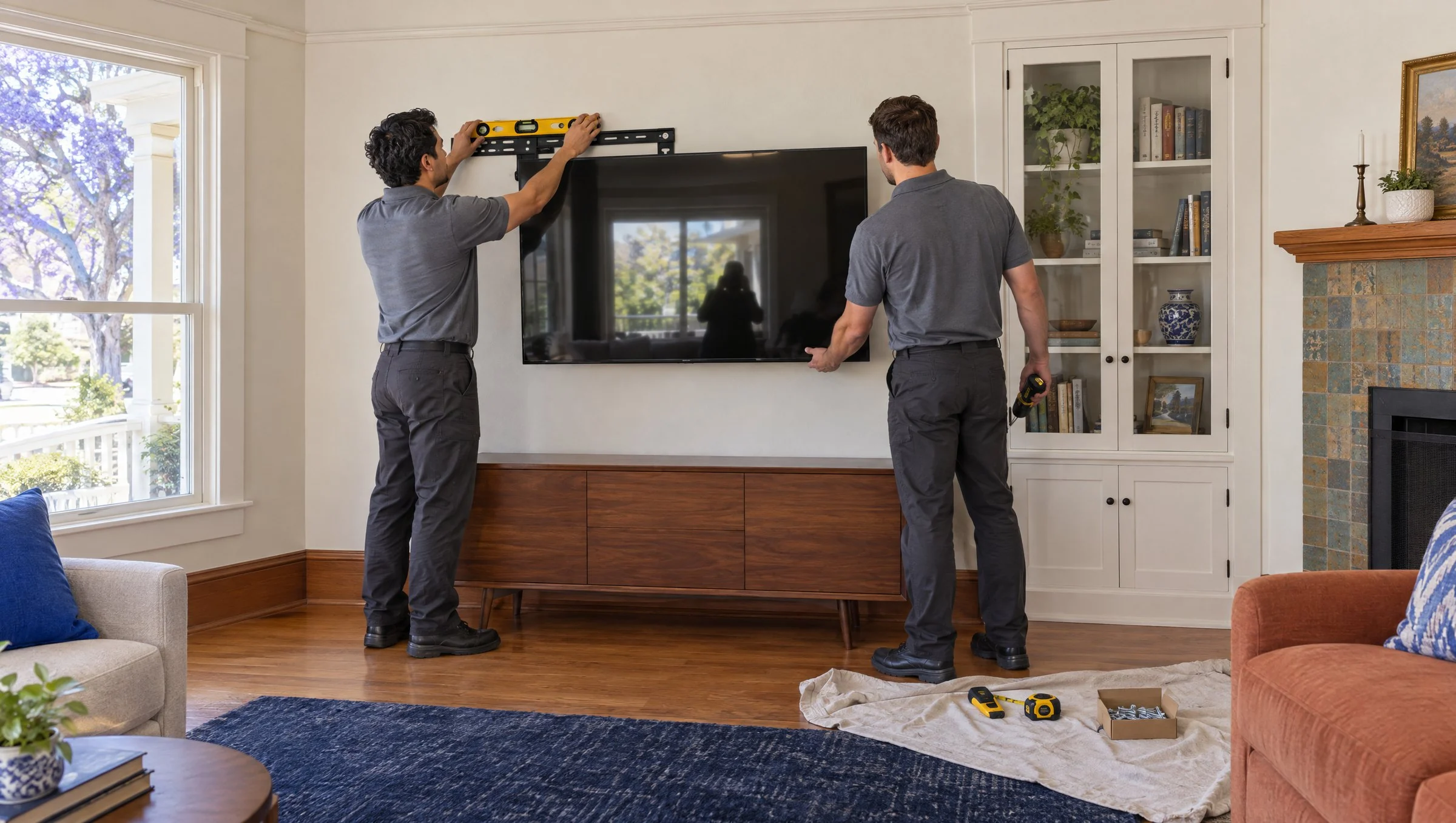 Illustration: two installers in matching slate-gray polos and charcoal trousers mounting a TV on the wall of a bright Santa Ana bungalow living room, one leveling the bracket while the other holds a drill-driver; the TV screen is off and reflects a window (AI-generated)