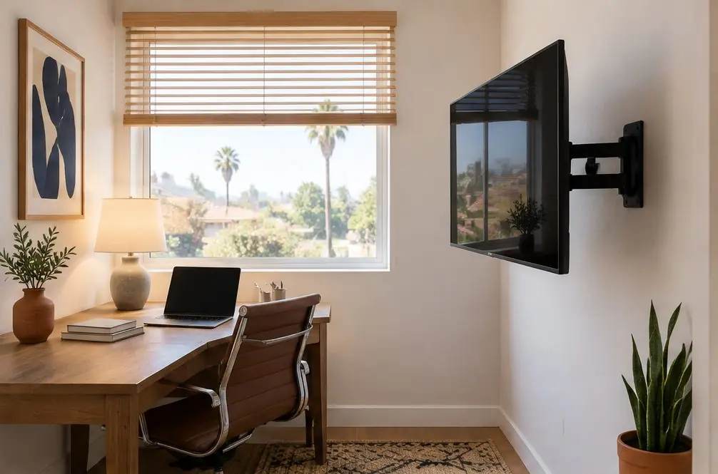 Illustration: a TV on a swing arm on the side wall of a small home office with a desk, a laptop and a window with blinds