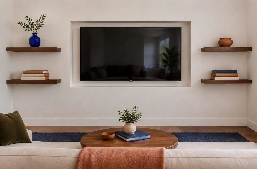 Illustration: a TV in a shallow recessed niche on a pale wall flanked by two floating shelves with a ceramic vase and a stack of books