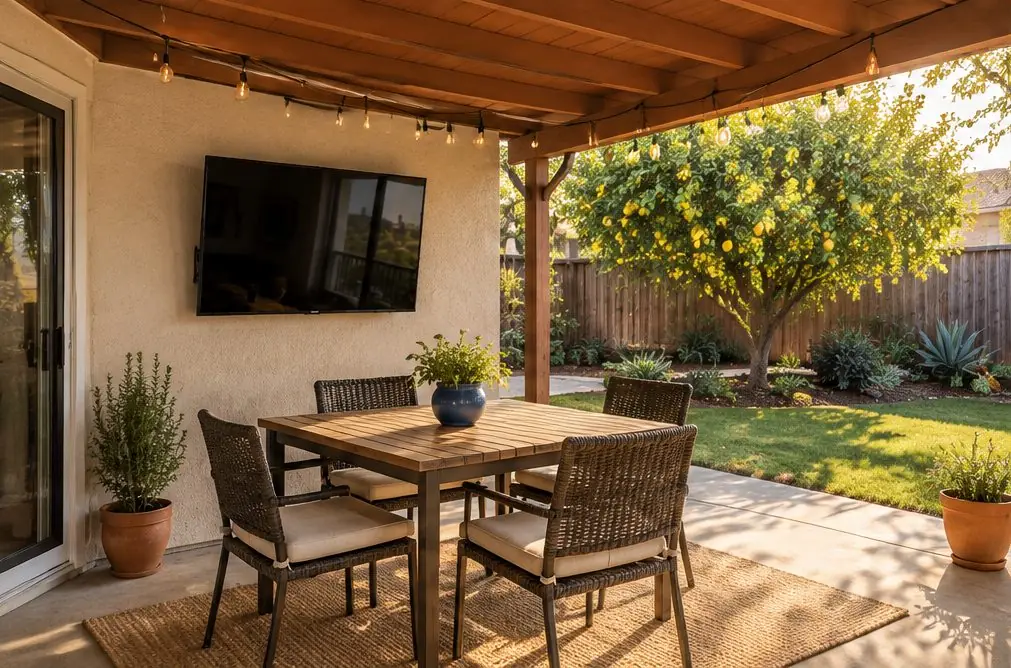 Illustration: a TV on a stucco wall under a covered backyard patio in a Santa Ana home with a string of lights, a small dining table and a lemon tree