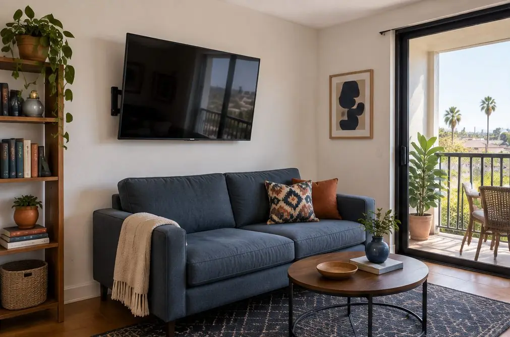 Illustration: a TV on an interior partition wall of a compact condo living room with a slate-blue sofa, a bookshelf and a balcony door