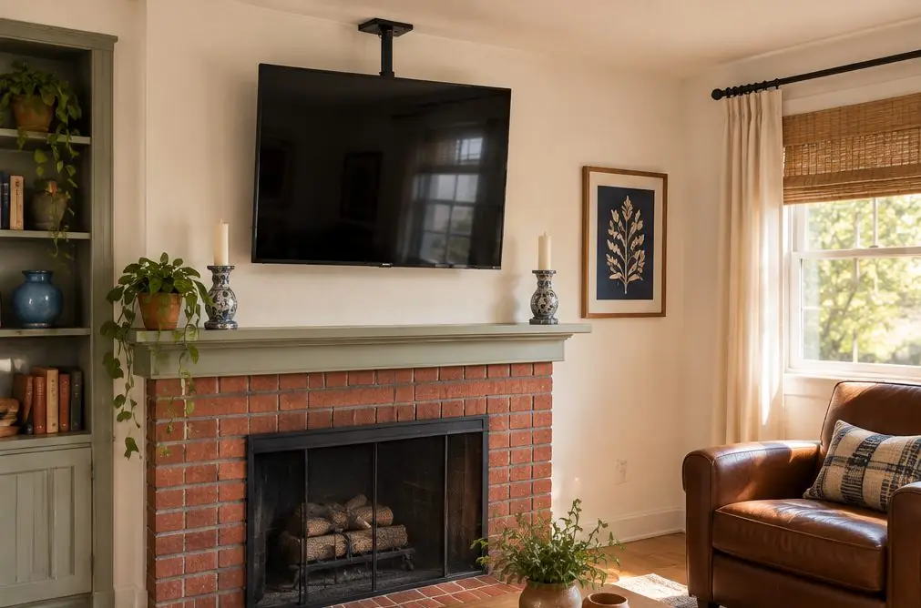 Illustration: a TV above a red-brick fireplace with a painted wood mantel in a Santa Ana bungalow living room with a pull-down arm visible at one side