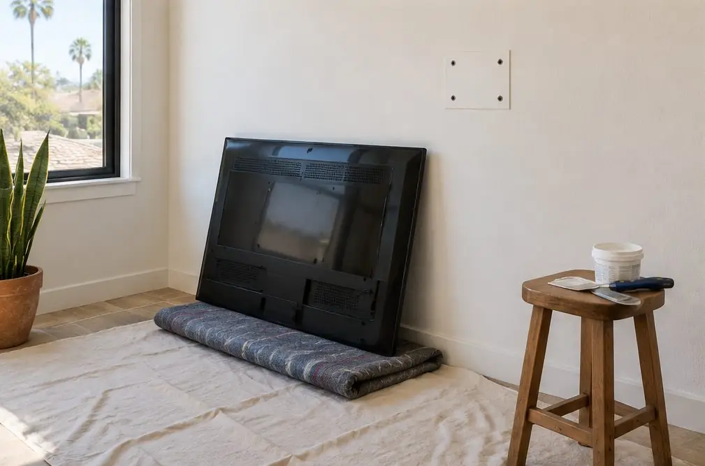 Illustration: a TV leaning on a folded blanket against a wall beside an empty mount plate with four small holes and a putty knife