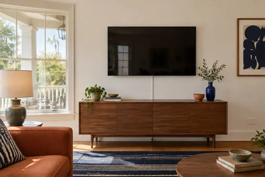 Illustration: a 55-inch TV on a fixed wall mount above a low walnut credenza in a sunny Santa Ana living room with a terracotta-colored sofa and a window onto a front porch